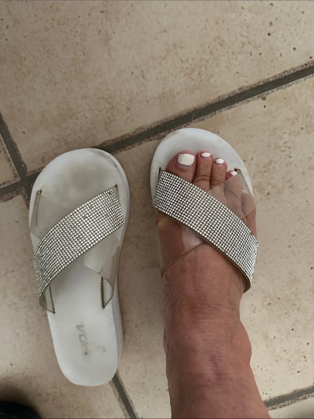 Crystal-Embellished White Slide Sandals for Women